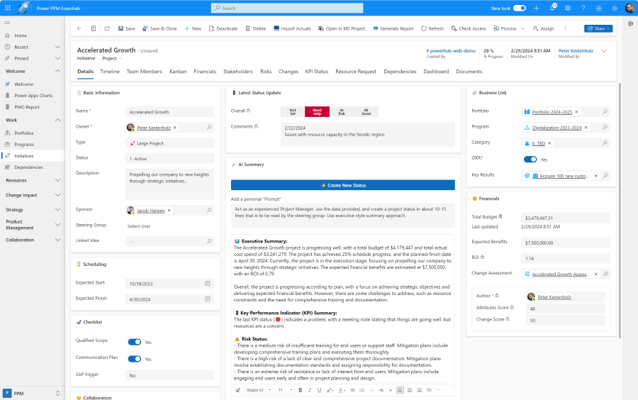 Summarize project status with generative AI using Power PPM by Projectum