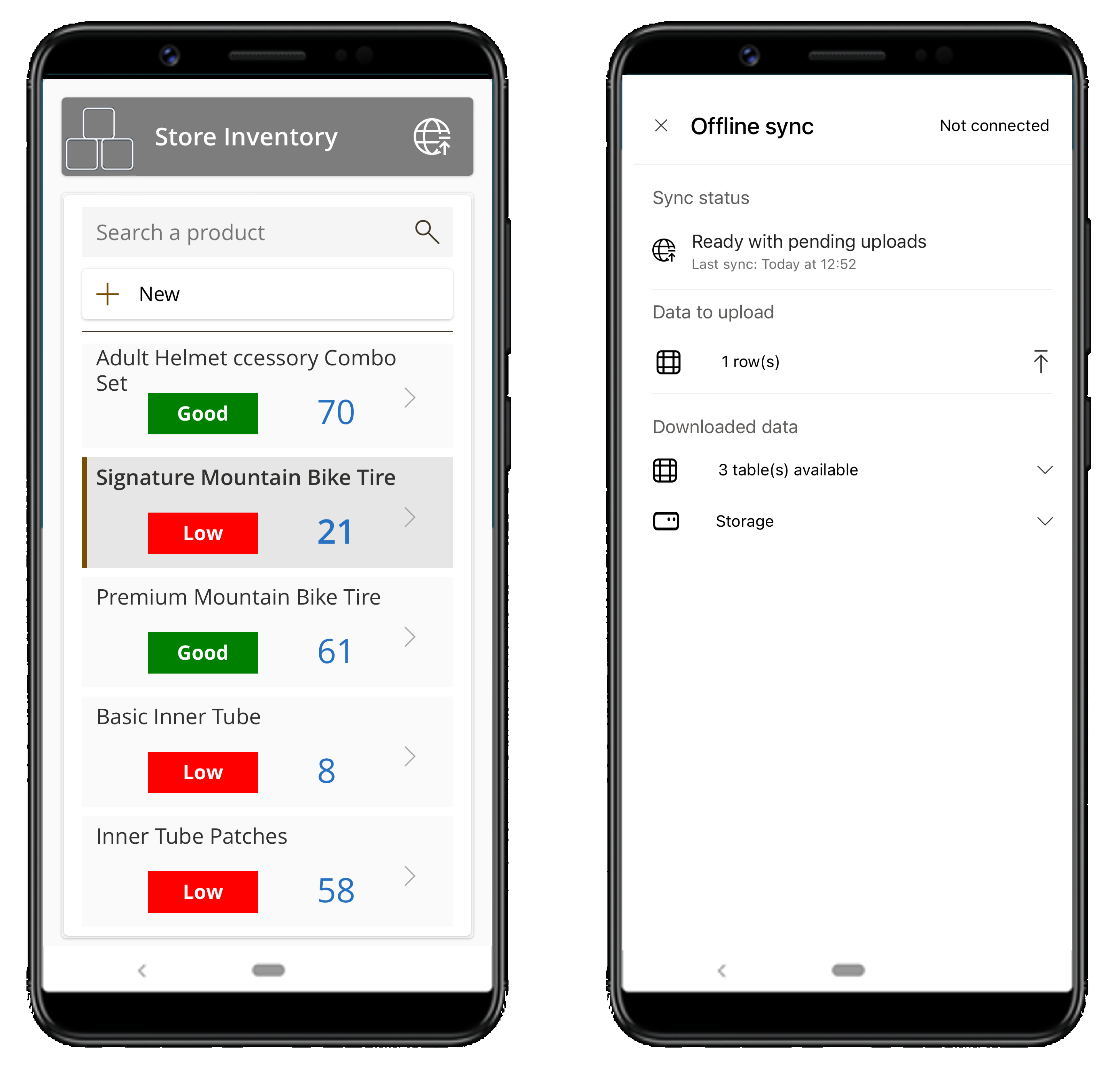 Canvas app enabled for offline with the sync icon indicating that the device is not connected to the network with local changes not synchronized with the server. 