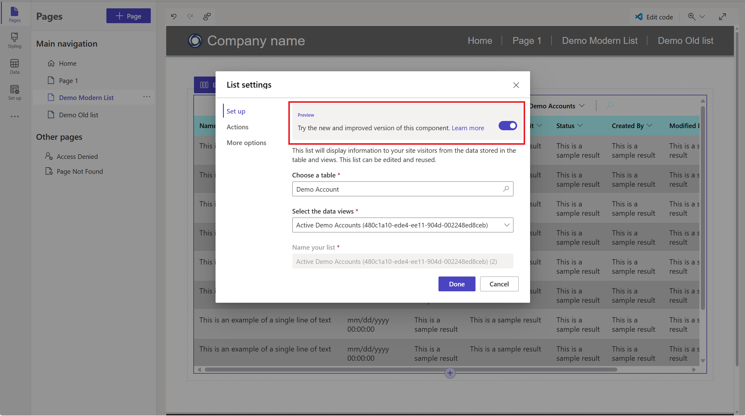 Enabling the modern list.