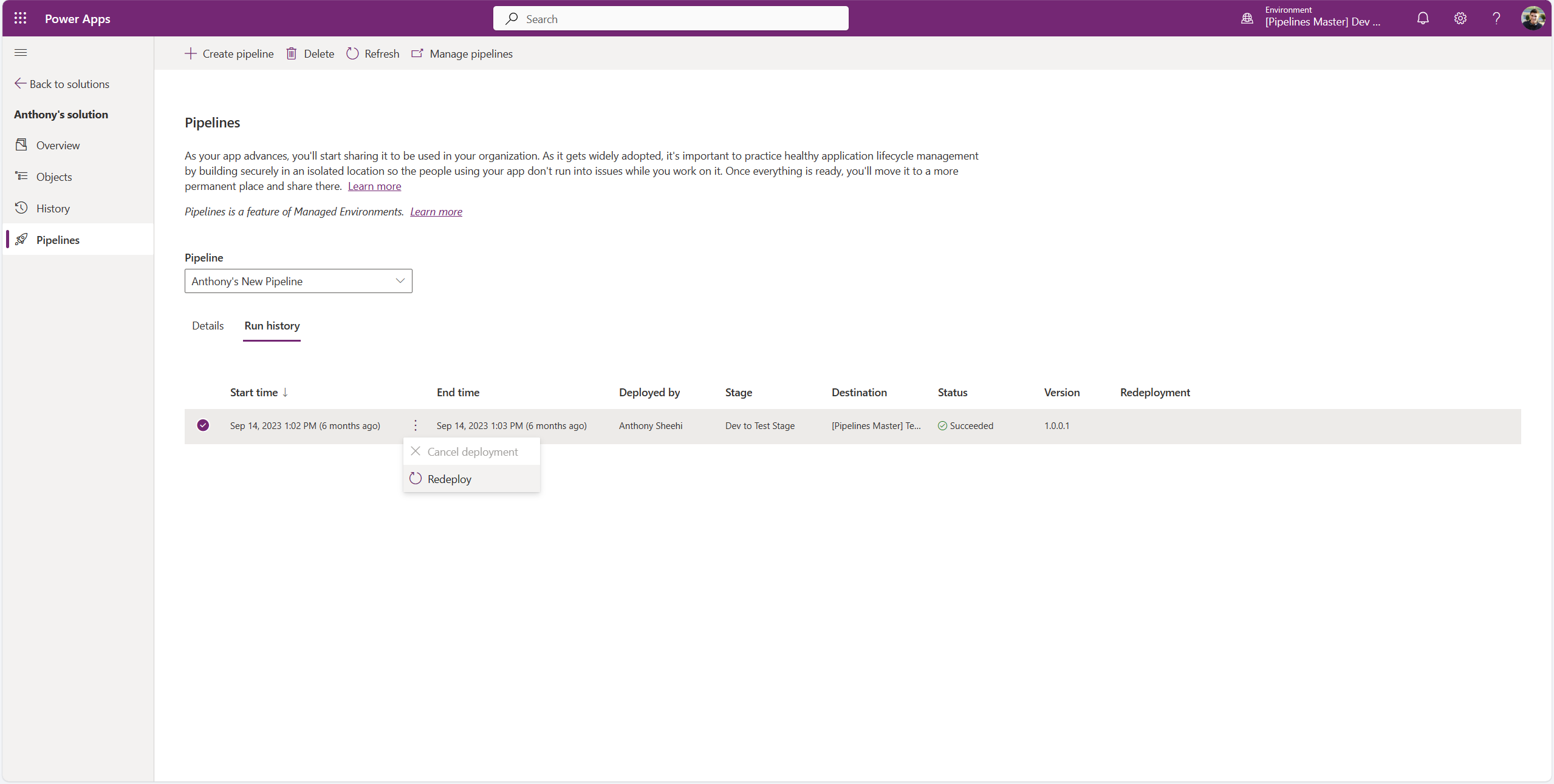 New redeploy experience by clicking the ellipses next to the start time, available with Power Platform Pipelines packages version 9.1.24023.240222117 or later
