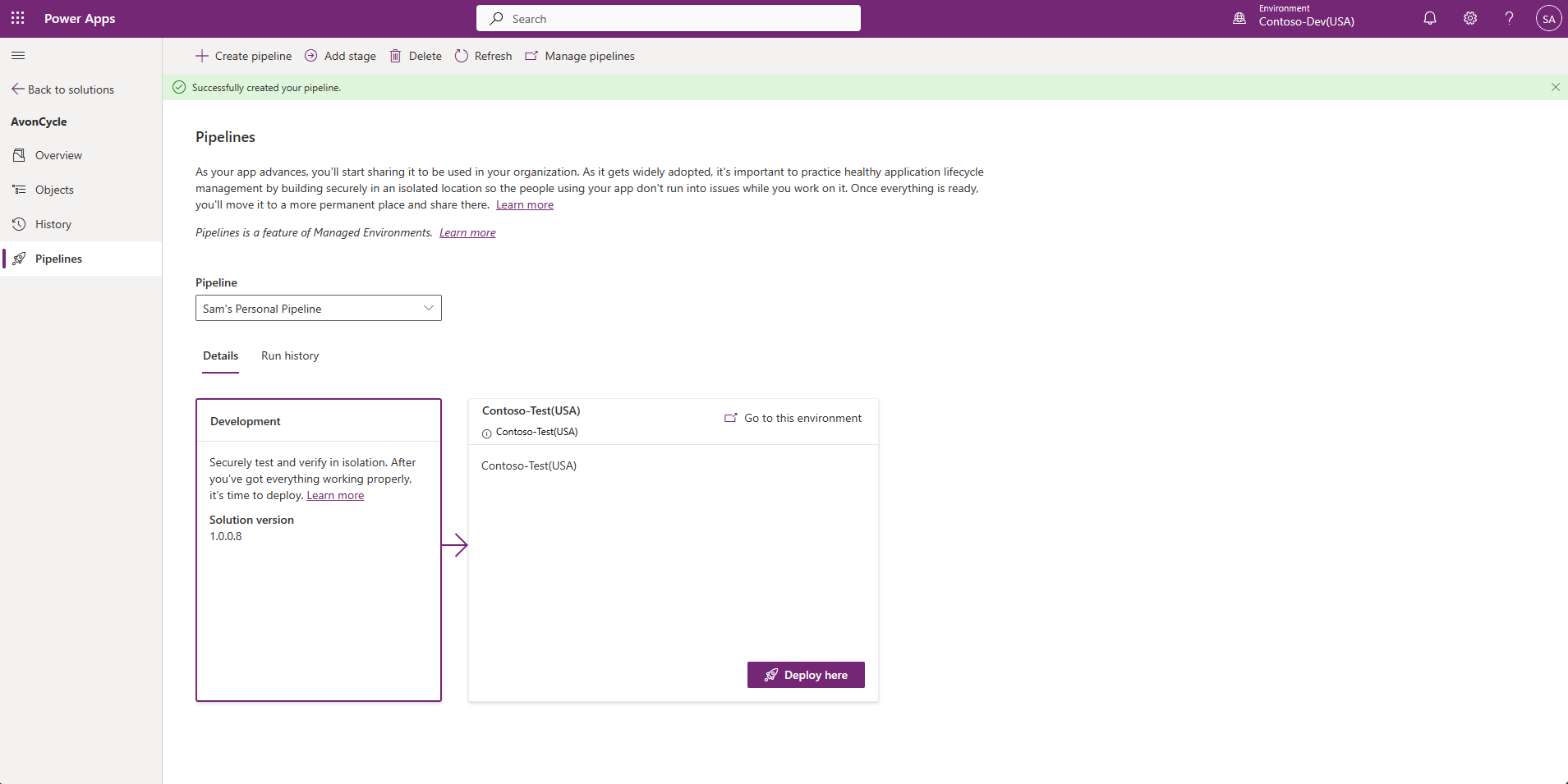 Pipelines page once a user has created a new personal pipeline, with a new Add stage button in the command bar