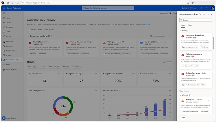 Screenshot of the automation center displaying a section for recommendations, including a list of actionable insights.