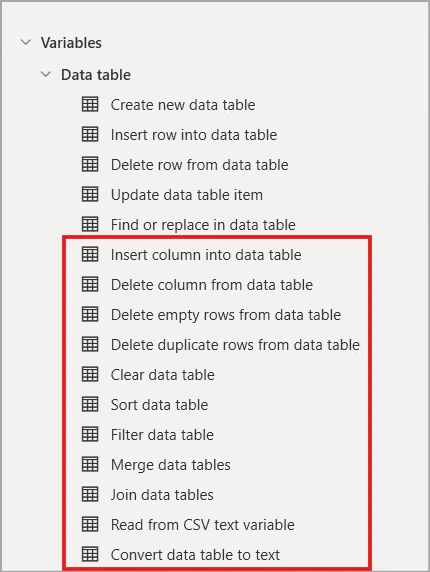 New data table actions