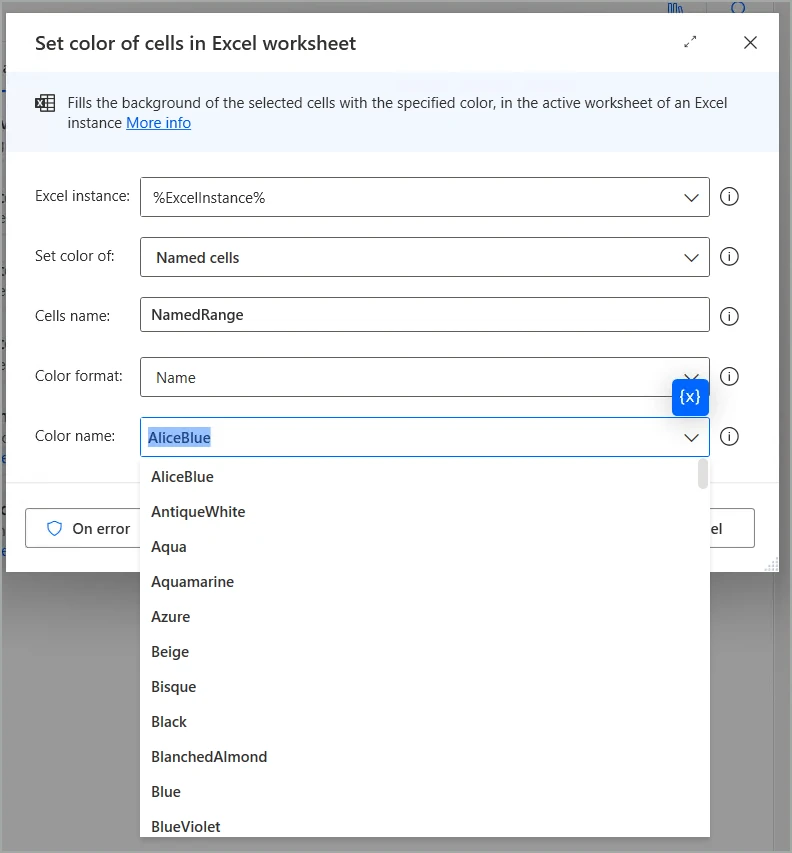 Set color of cells in Excel worksheet action