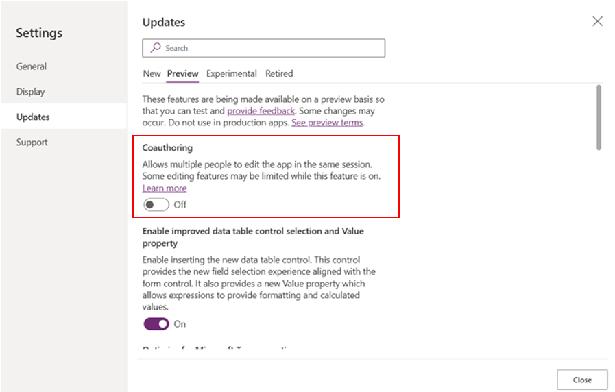 Power Apps settings dialog showing the Coauthoring toggle to enable the preview.