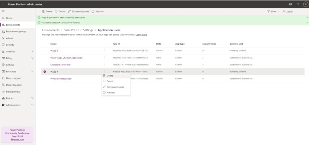 Power Platform admin center showing how to delete an Application user