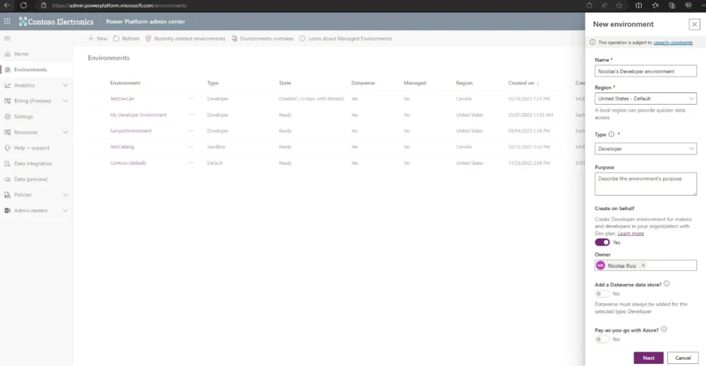 Power Platform admin center showing the new environment pane open to create a new developer environment.