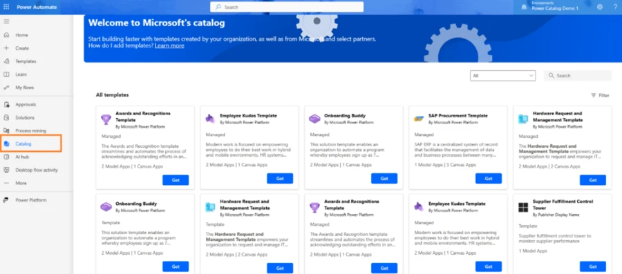 A screenshot of the catalog gallery showing reusable assets in Power Automate.