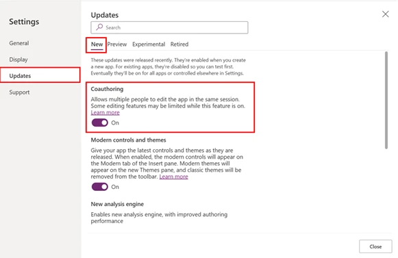 The Coauthoring toggle is now located under the Preview > New tab under the Canvas designer app settings modal.
