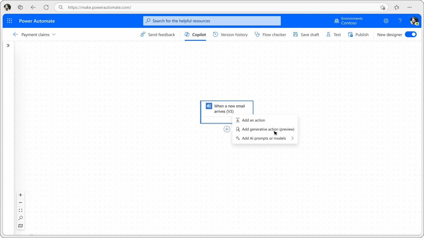 Screenshot showing cloud flows designer in Power Automate where user selects "add generative action (preview)" and proceeds through process of describe what they want to do using natural language.