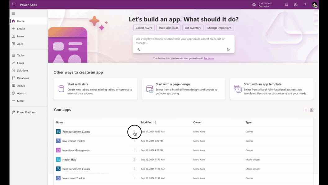 A moving image demonstrating agent builder in Power Apps.