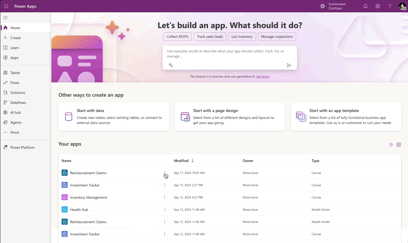 A screen recording of a maker in Power Apps Studio building an agent from an app