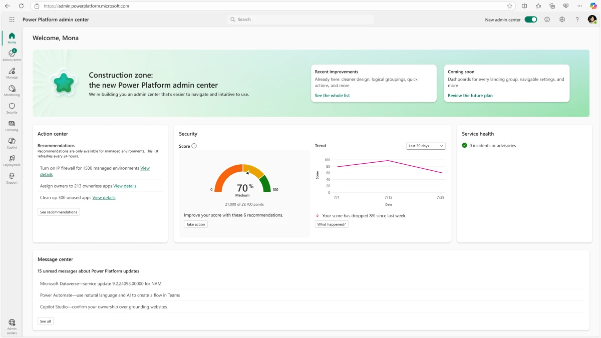 An image depicting the structure of the new Power Platform admin center split between governance, operations and security.