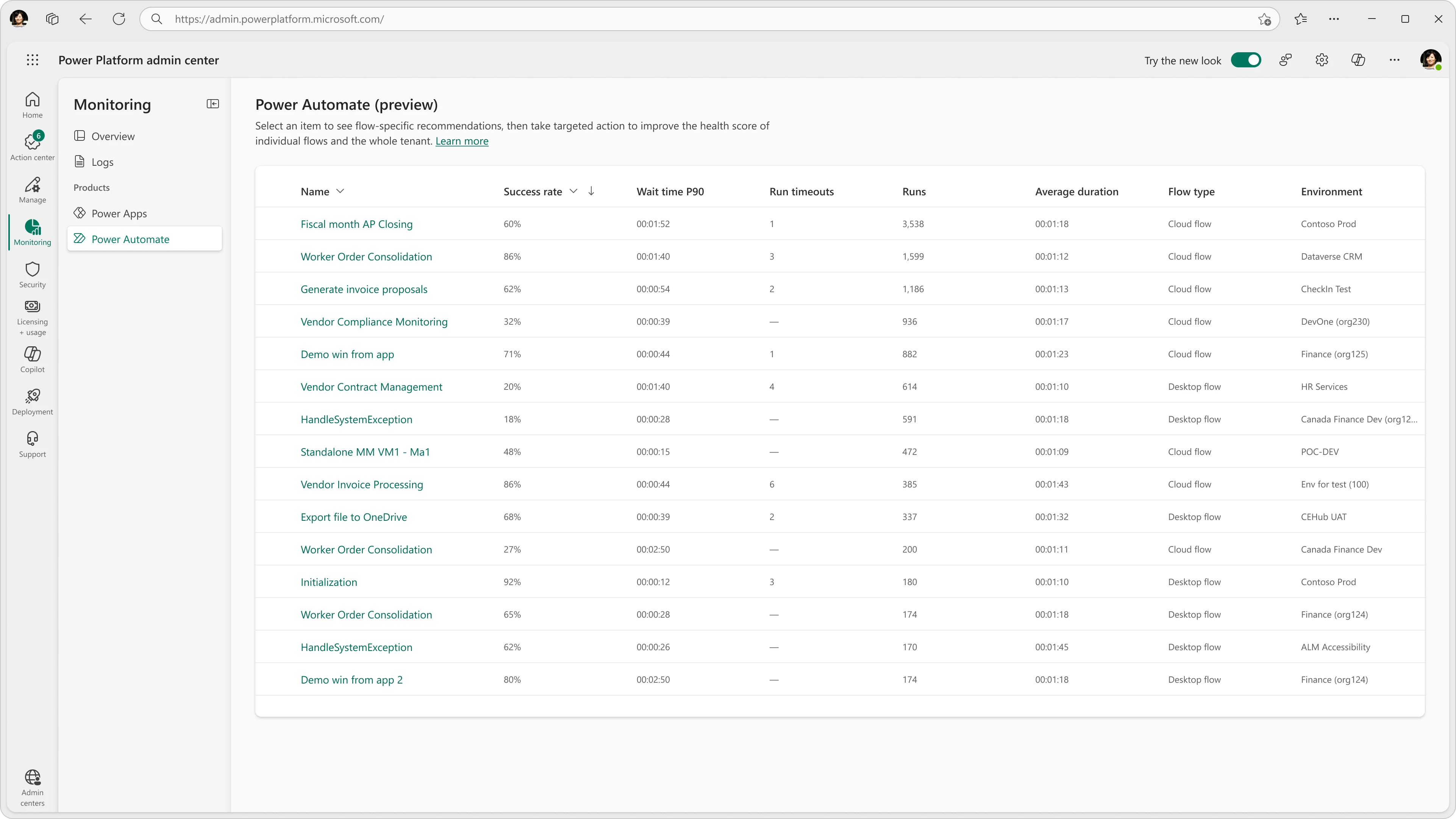 A screenshot of Power Automate monitoring experience in Power Platform Admin Center