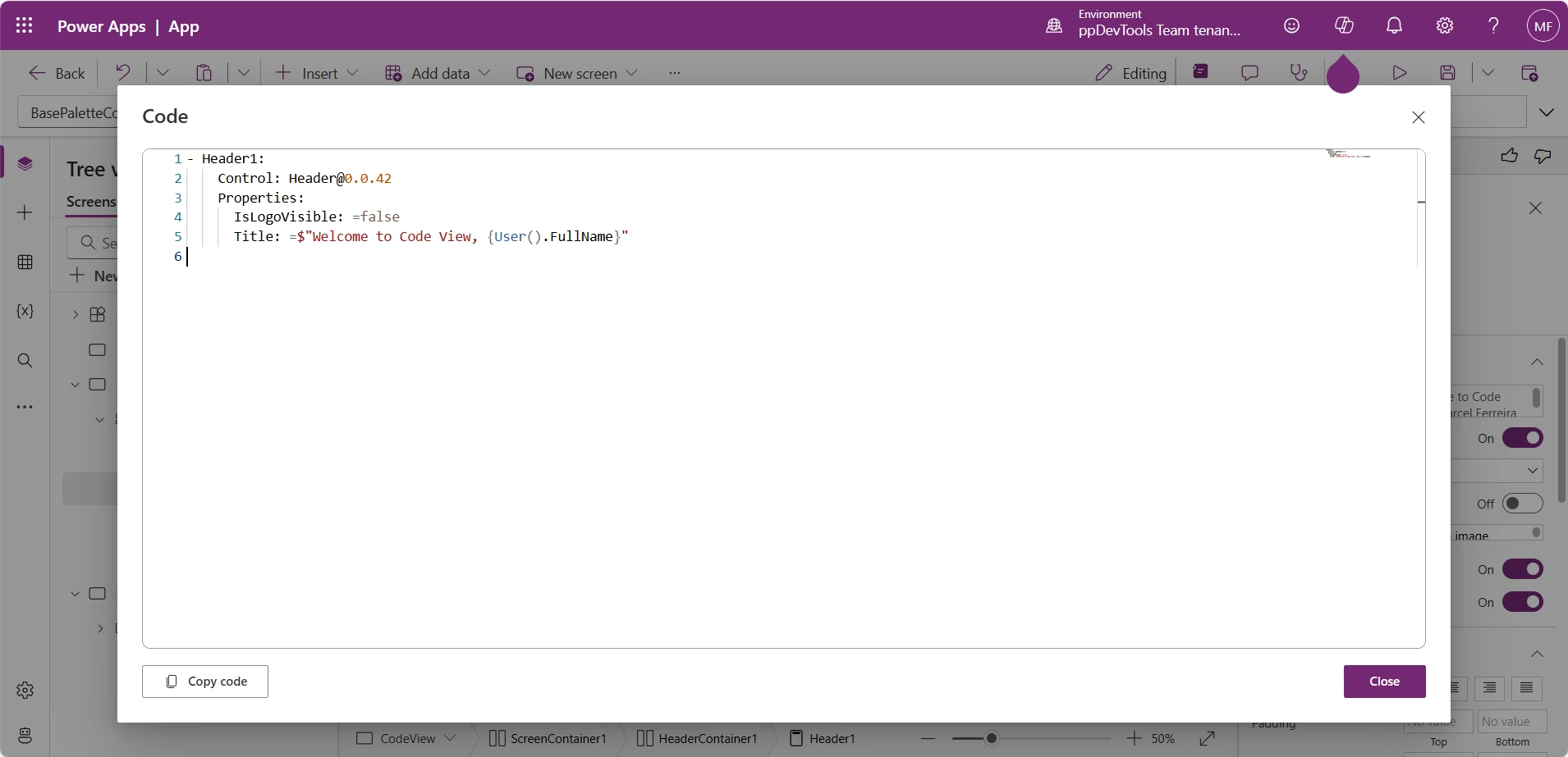 Power Apps Code view
