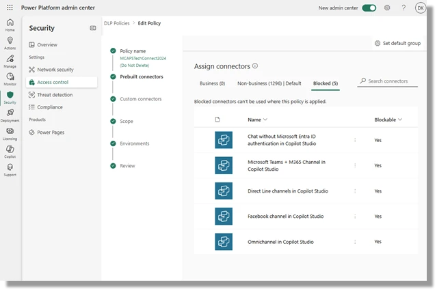 Screenshot of connector policies in Power Platform admin center