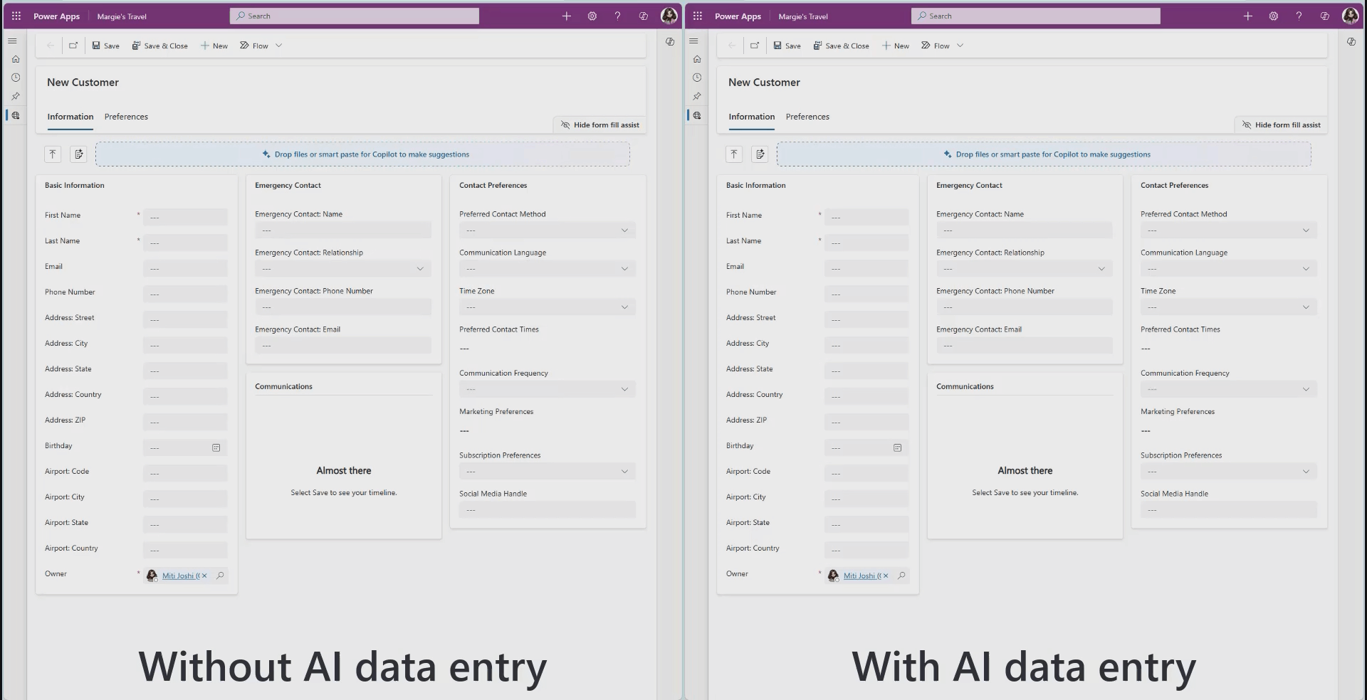 GIF of a side-by-side comparison with and without the files capability of IA data entry.