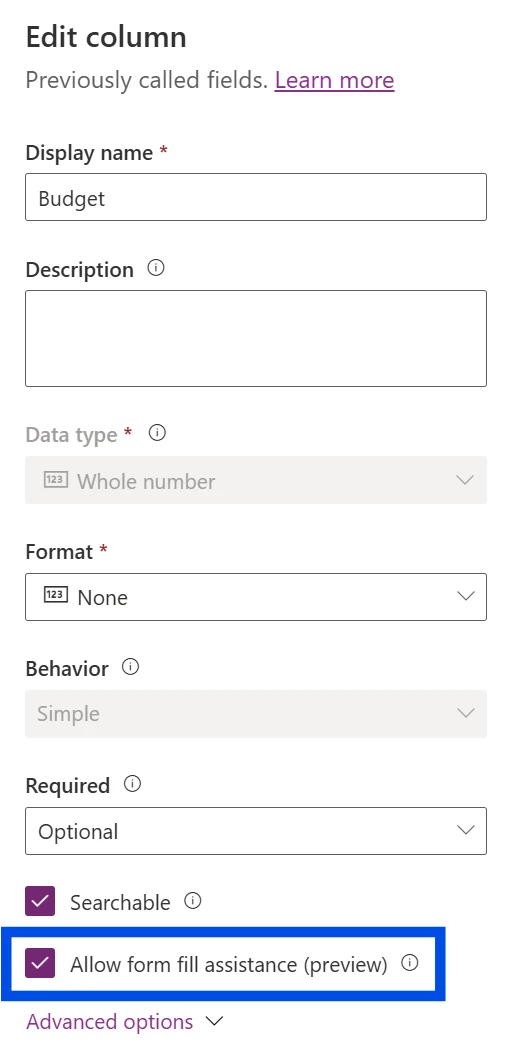 Screenshot of 'Allow form fill assistance' column setting for the AI data entry agent.