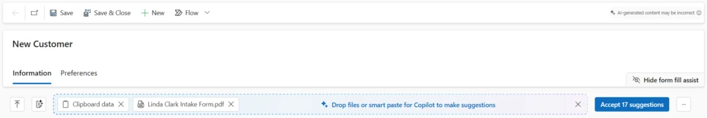 Screenshot of the new AI data entry toolbar in a model-driven app.