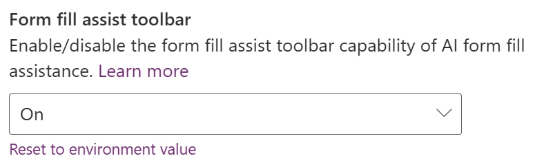 Screenshot of the 'form fill assist toolbar' setting in Power Apps app designer for the AI data entry agent.