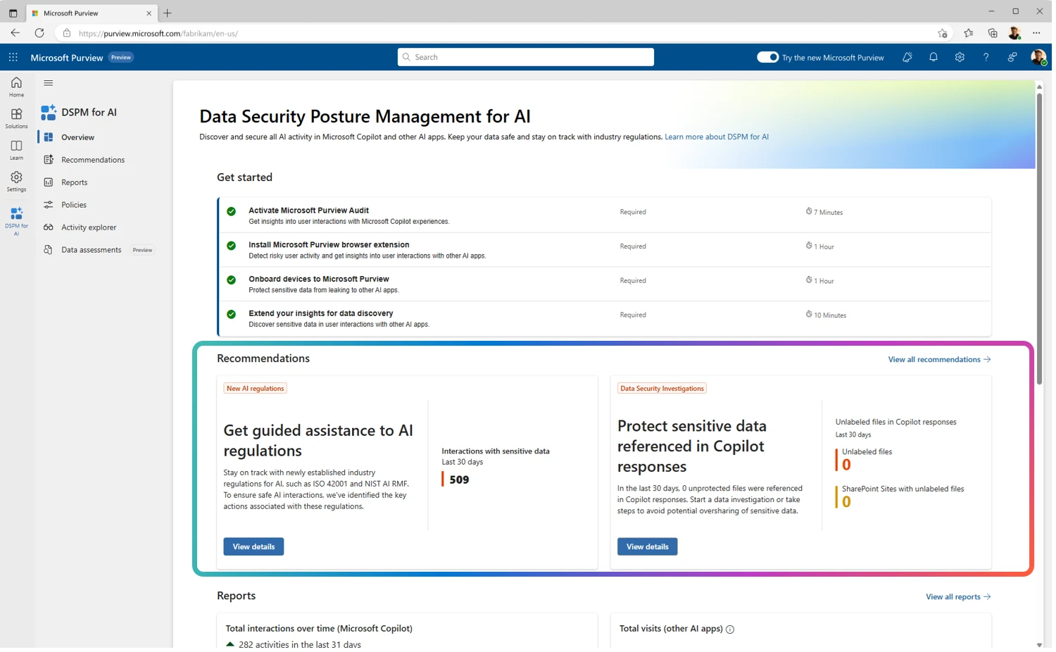 A screenshot of Data Security Posture Management for AI in Microsoft Purview.