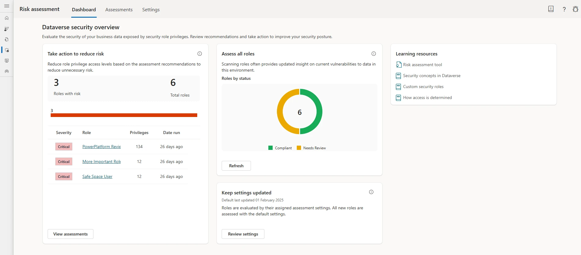 Risk assessment dashboard shows the overview of the assessments
