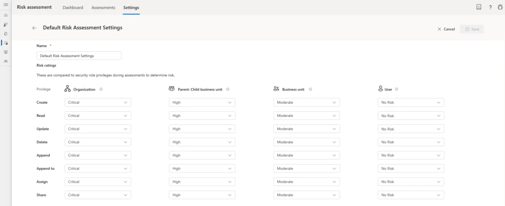 Risk assessment settings screen to update baseline risk ratings