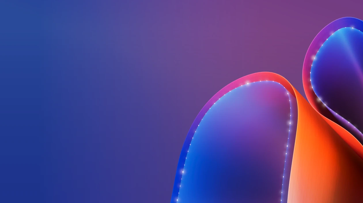 A graphic design of a blue, purple, and orange ribbon in the bottom right corner, against a purple background.