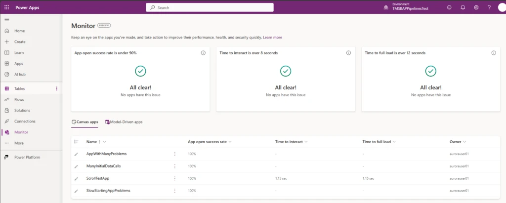 Image of the full Monitor page with alerts and a list of Power apps. Clicking on a Power app opens a drawer from the right which has detailed metrics over time.