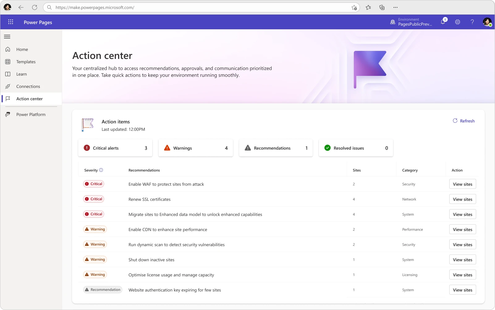 A screenshot of the Power Pages action center displaying action items categorized as Critical, Warning, and Recommendation.