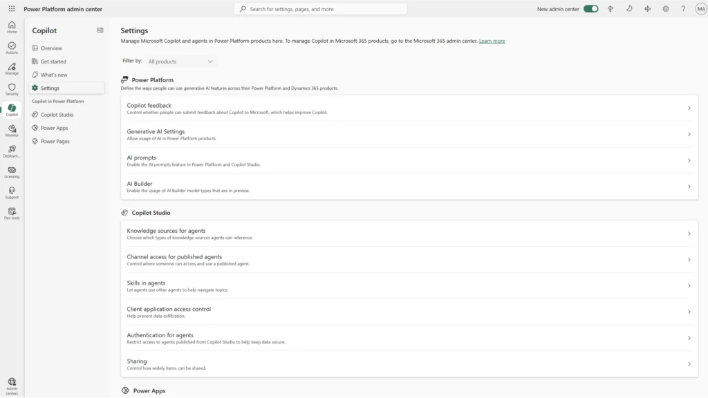 Copilot hub settings in Power Platform admin center