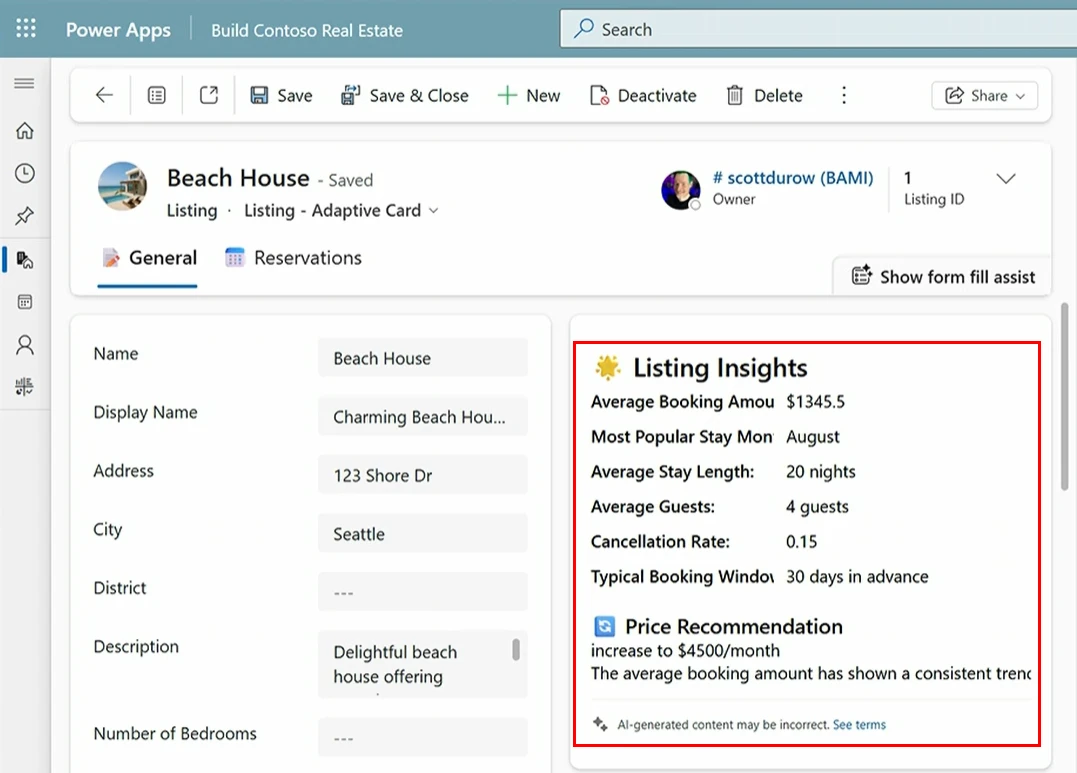 Model-driven form showing a Agent Response component rendering an Adaptive Card result from a Copilot Studio agent.