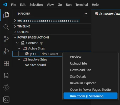 Active site options in Power Pages Actions view