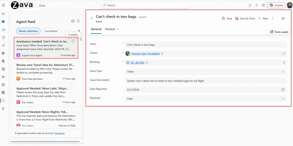 A screenshot from app showing agent feed entry - agent requesting assistance with an item.