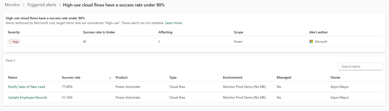 This image shows the triggered alert experience for a predefined alert. In this image, it specifically shows the cloud flow predefined alert, with two cloud flows that triggered it. These cloud flows aren't in a Managed Environment.
