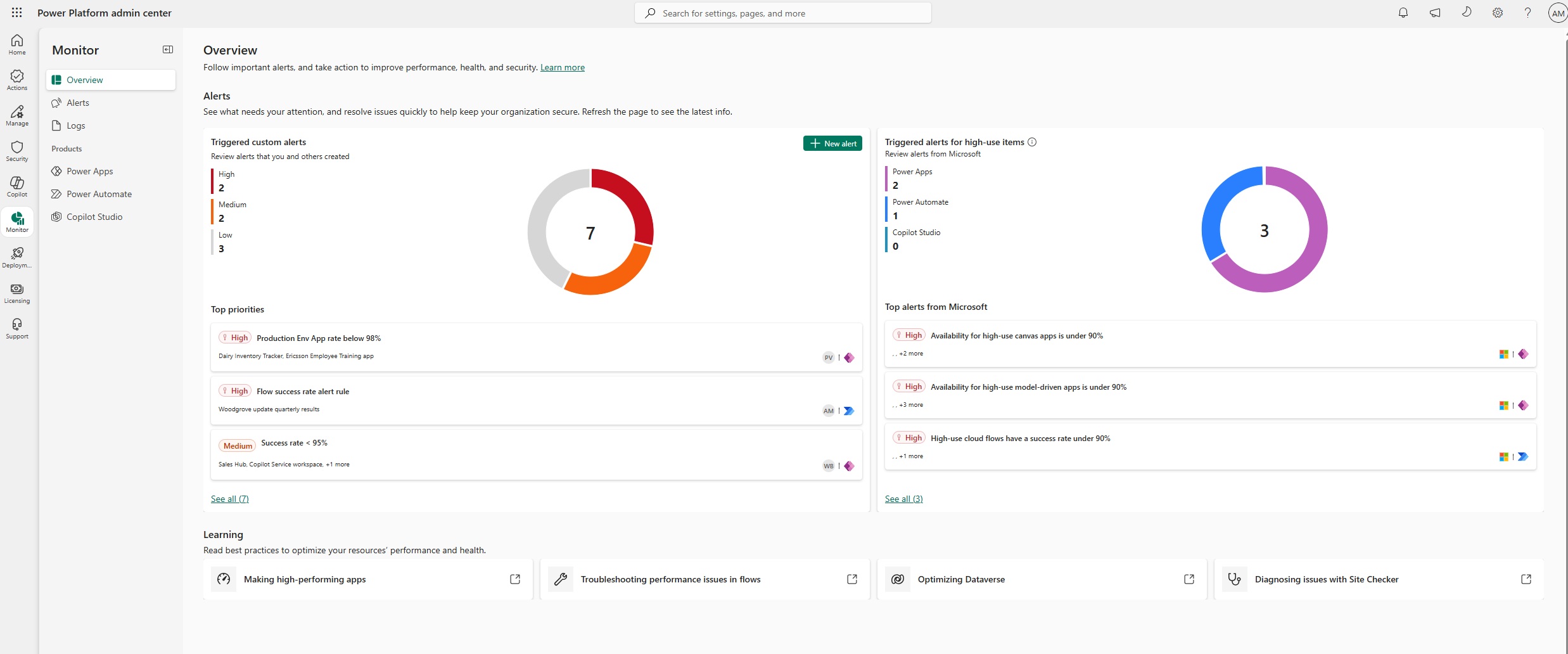 This image shows the new Monitor overview page, which has become more alerts-centric. It has visuals describing the state of your triggered custom alerts in addition to triggered predefined alerts that are authored by Microsoft.