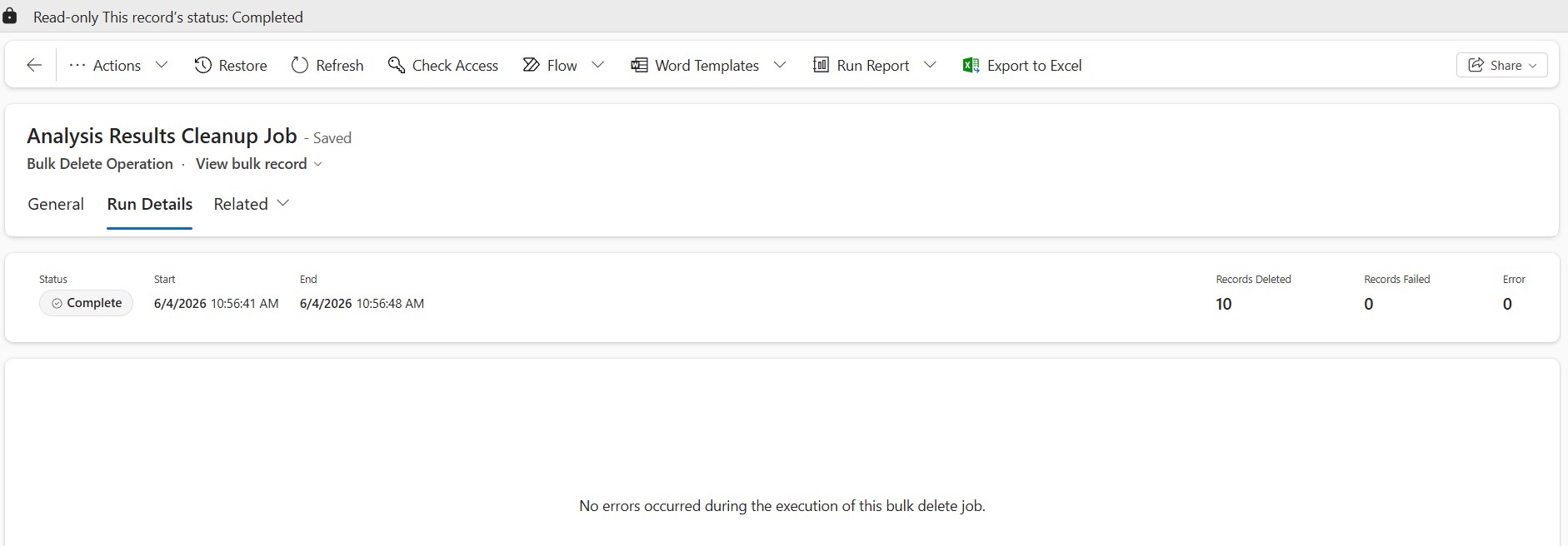 Every bulk deletion job now includes a Run details tab. Open a job and you'll see a summary at the top — start time, end time, status, records deleted, records failed, and errors encountered.