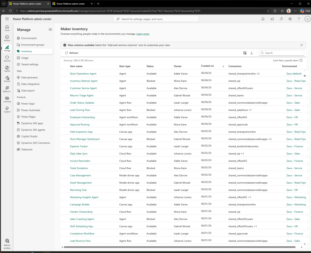 a screenshot of the Connectors column in the Power Platform admin center inventory grid.