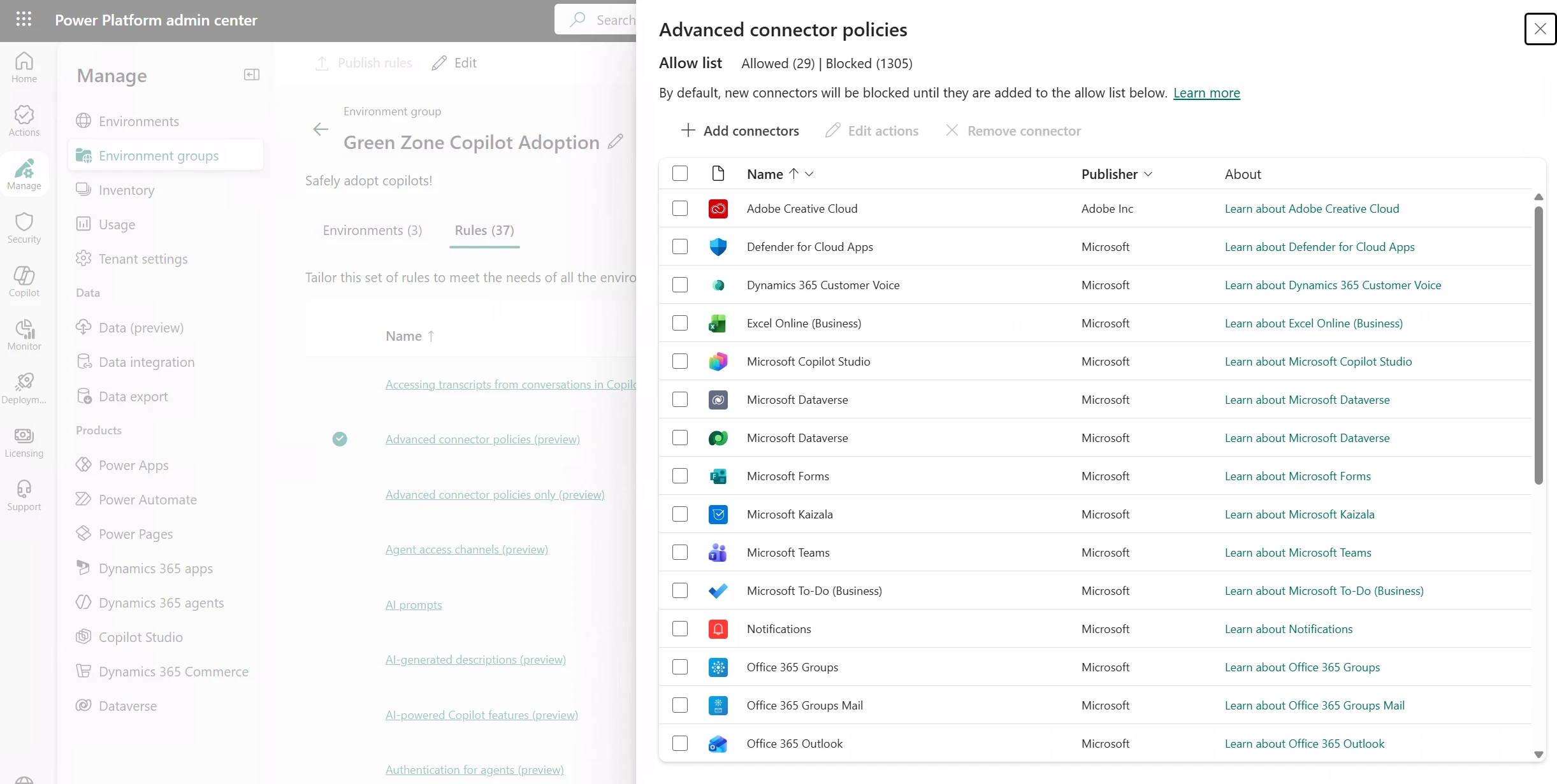 A panel titled Advanced connector policies is shown with a list of 29 allowed connectors and 1305 blocked connectors. This is driven from the rules tab inside of an environment group called Green Zone Copilot Adoption