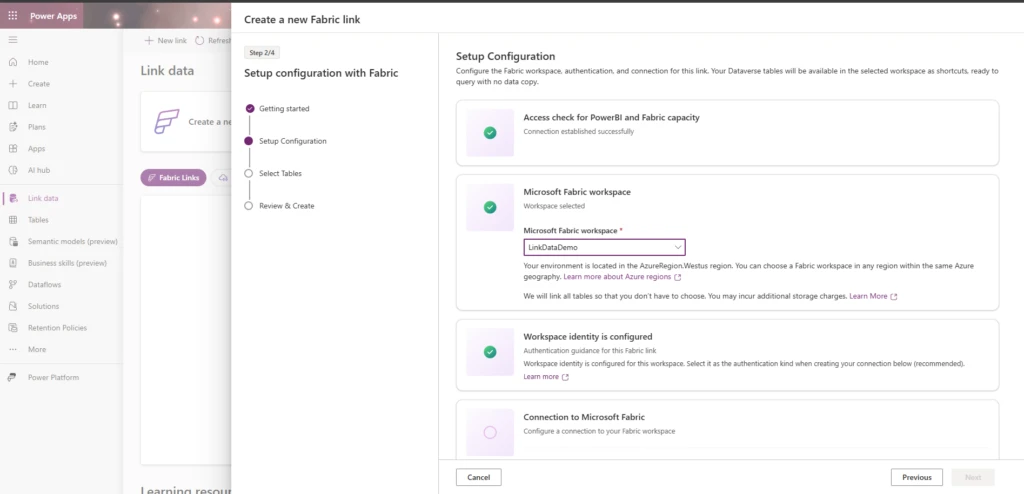 The Setup Configuration step: pick your Fabric workspace and connect, with workspace identity called out as the recommended authentication.