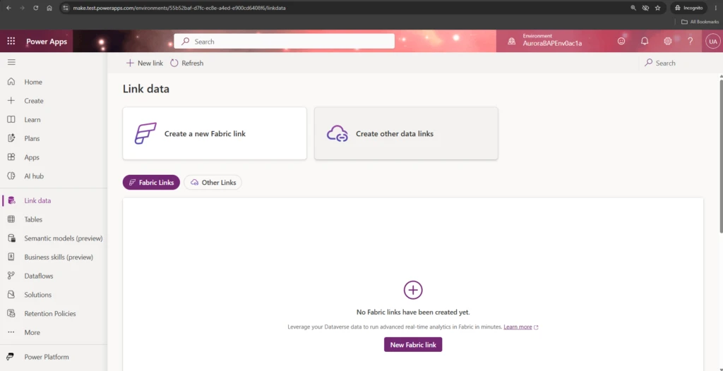 The new Link data page in the left navigation of the Power Apps maker portal, with Fabric Links as the headline section and Other Links below.