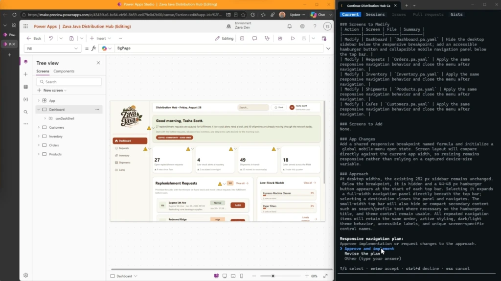 a screenshot of using the canvas authoring agent in a CLI alongside canvas studio open to edit a canvas app. 