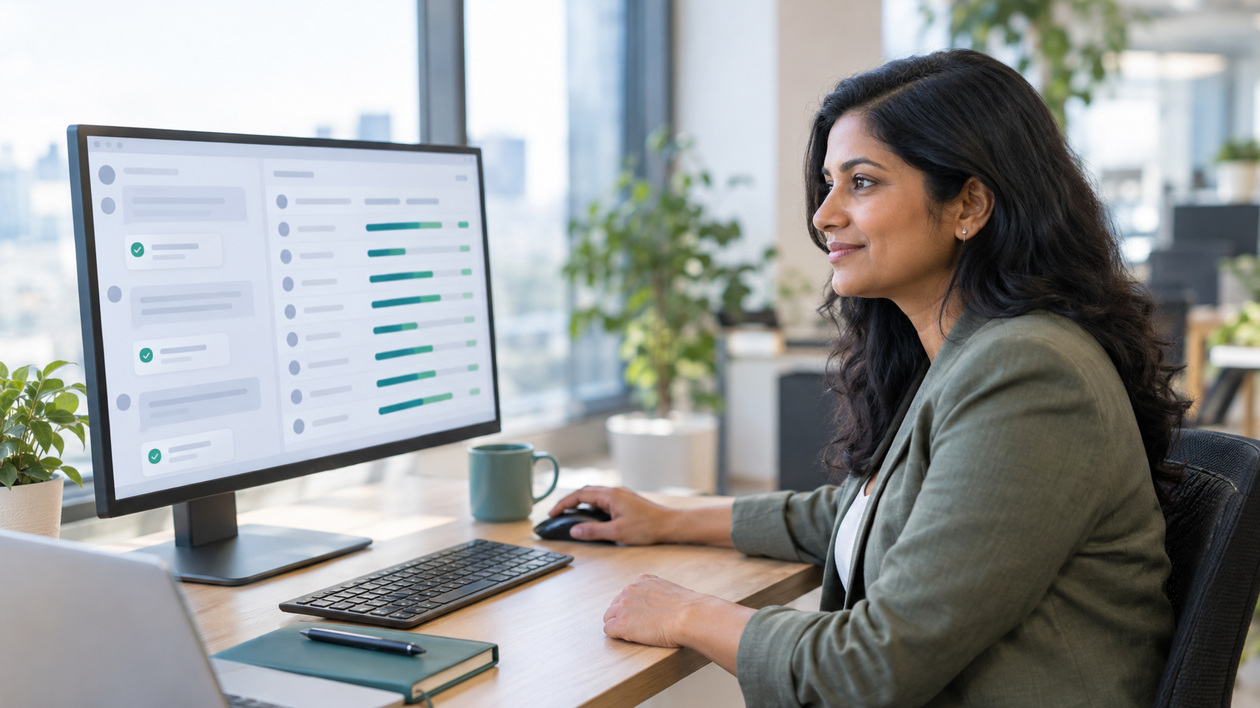A maker in a bright office reviews an AI assistant chat with approval cards next to a business app showing a list of events with capacity bars