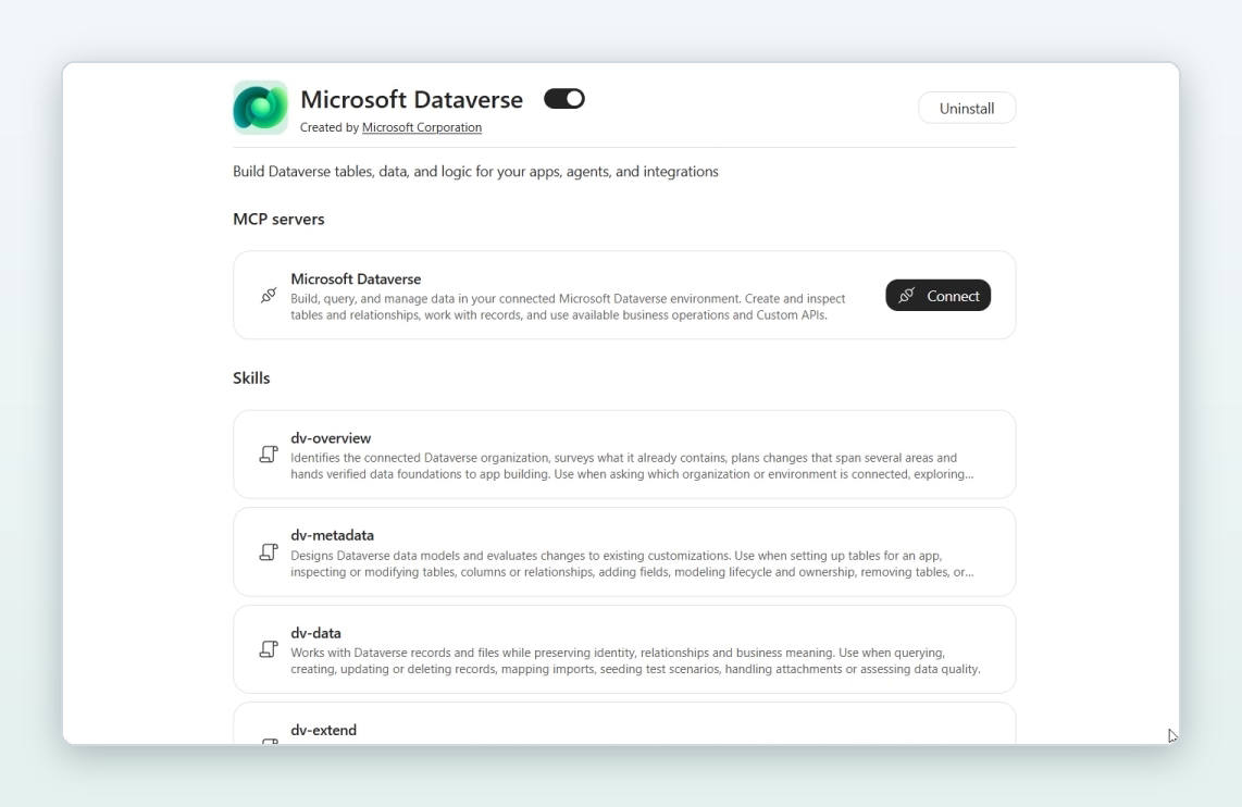The Microsoft Dataverse plugin page in Copilot Cowork, showing the Microsoft Dataverse MCP server with a Connect button and the plugin's skills, including dv-overview, dv-metadata and dv-data.