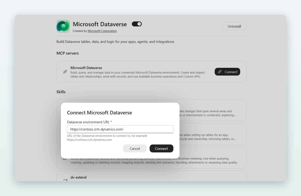 The Connect Microsoft Dataverse dialog in Copilot Cowork, with an example Dataverse environment URL entered and a Connect button.