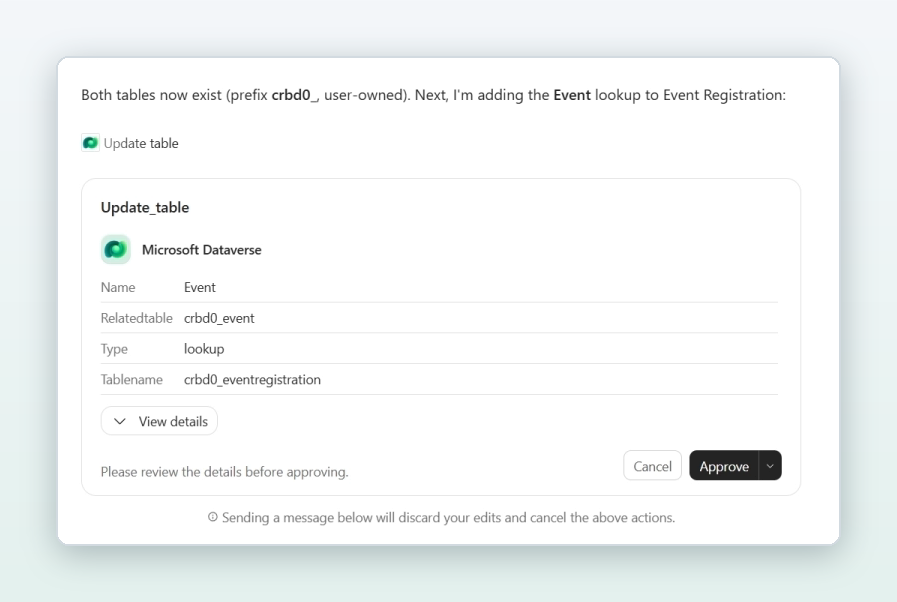 An approval card in Copilot Cowork asking to update a Dataverse table by adding an Event lookup to Event Registration, with Cancel and Approve buttons.