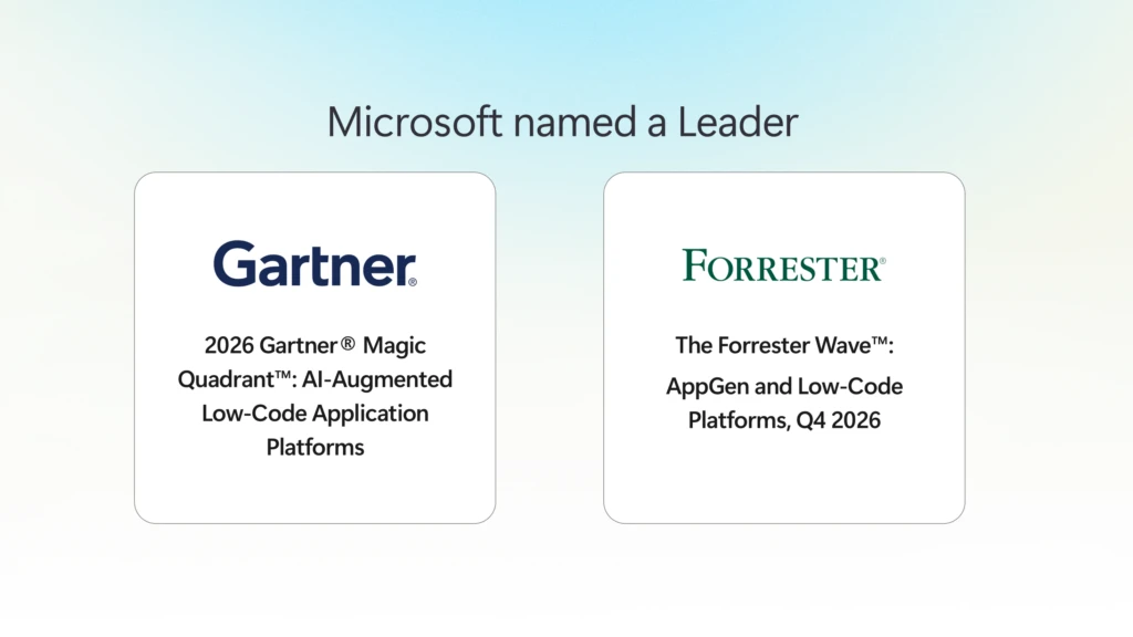 The image displays a diagram with Microsoft's leadership, Gartner, and Forrester, including a Forrester Wave for Al-Augmented Low-Code Application Platforms, dated Q4 2026.