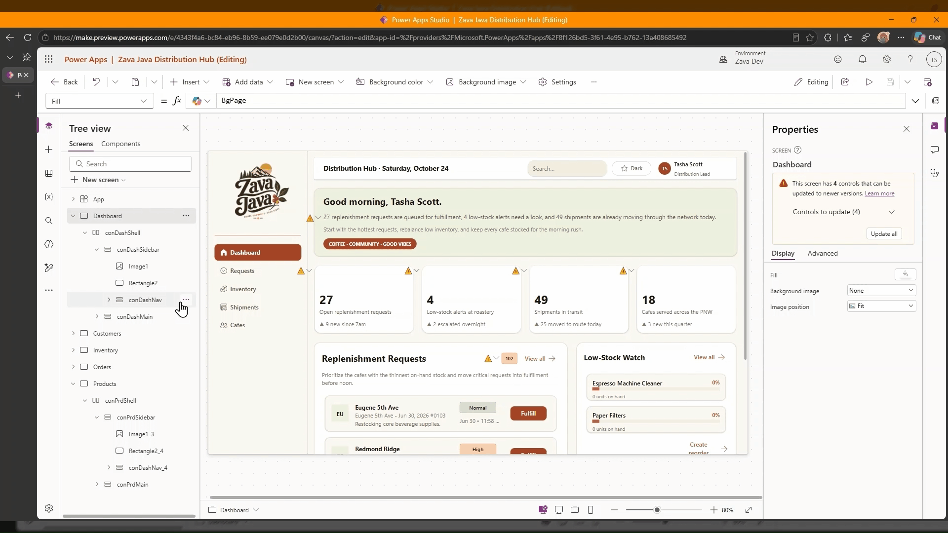 A gif of the in-studio authoring agent in use, where the maker is working on a canvas app and asks the agent to correct an image across multiple screens.