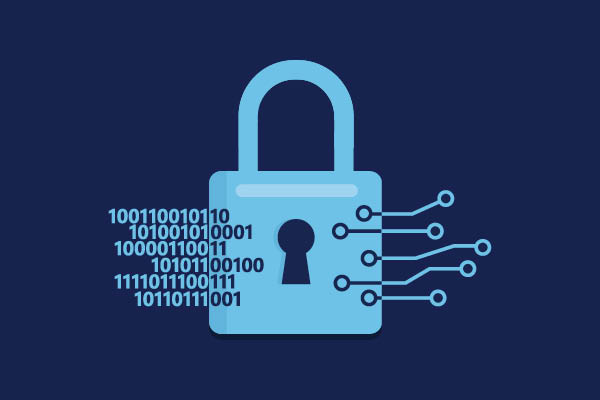 Blue illustrated lock with binary code and nodes