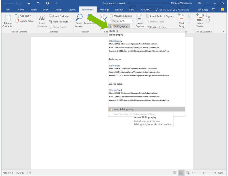 screenshot of bibliography menu in word